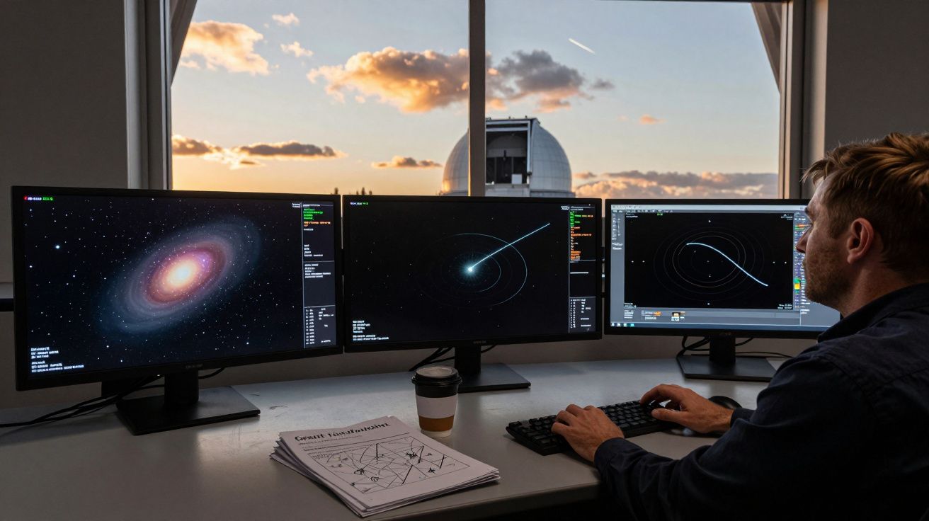 Hombre trabajando en ordenador triple monitor mostrando imágenes del espacio, con telescopio visible por la ventana al atarde