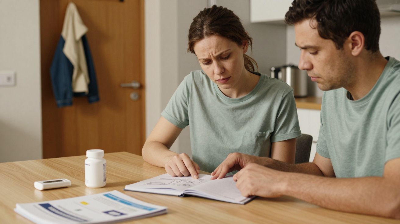 Pareja sentada en una mesa leyendo un libro en un ambiente doméstico, con medicinas y papeles sobre la mesa.