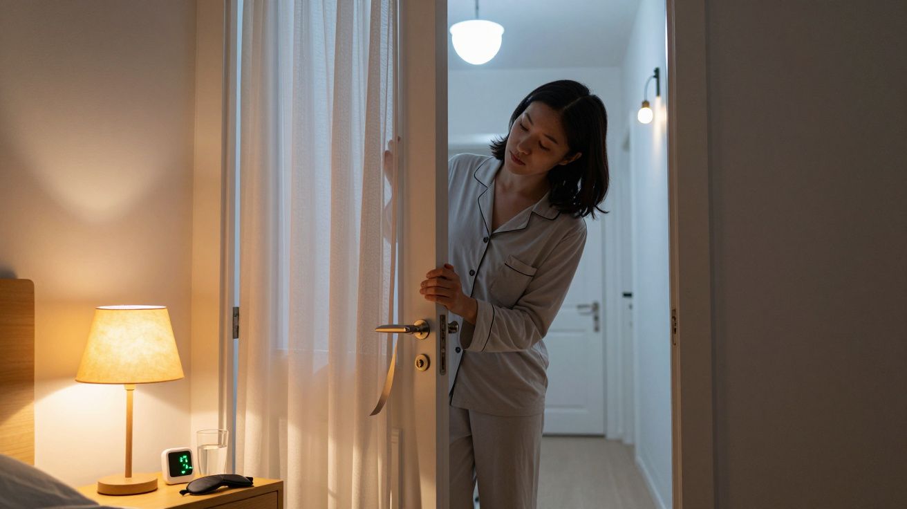 Mujer en pijama abriendo una puerta ligeramente, con luz suave de una lámpara de noche en la habitación iluminada.