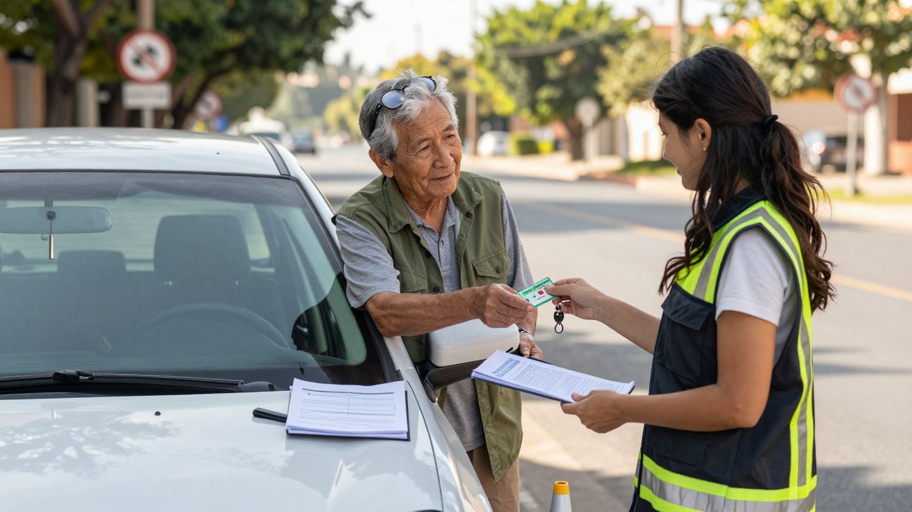 Persona entregando documentos a una agente de tráfico junto a un coche estacionado en una calle.