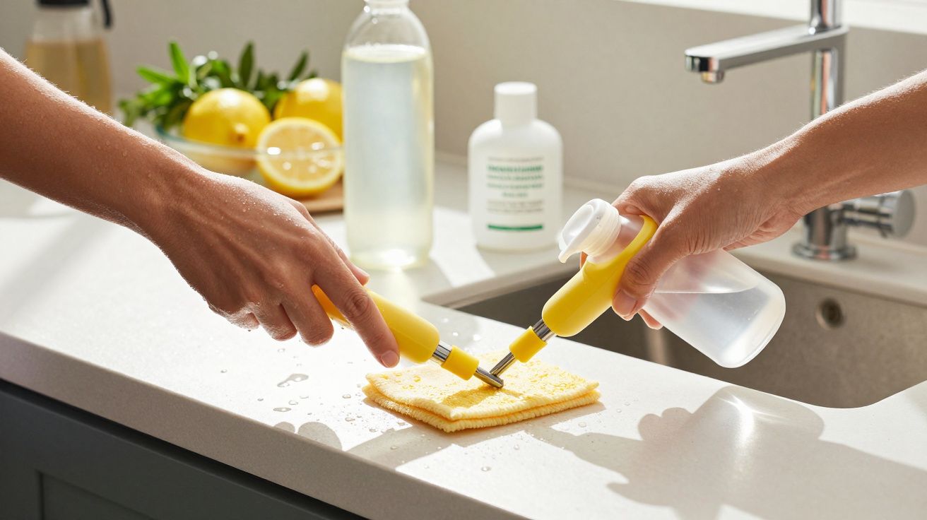 Dos personas usando cepillos de mango amarillo para limpiar una superficie en una cocina luminosa.