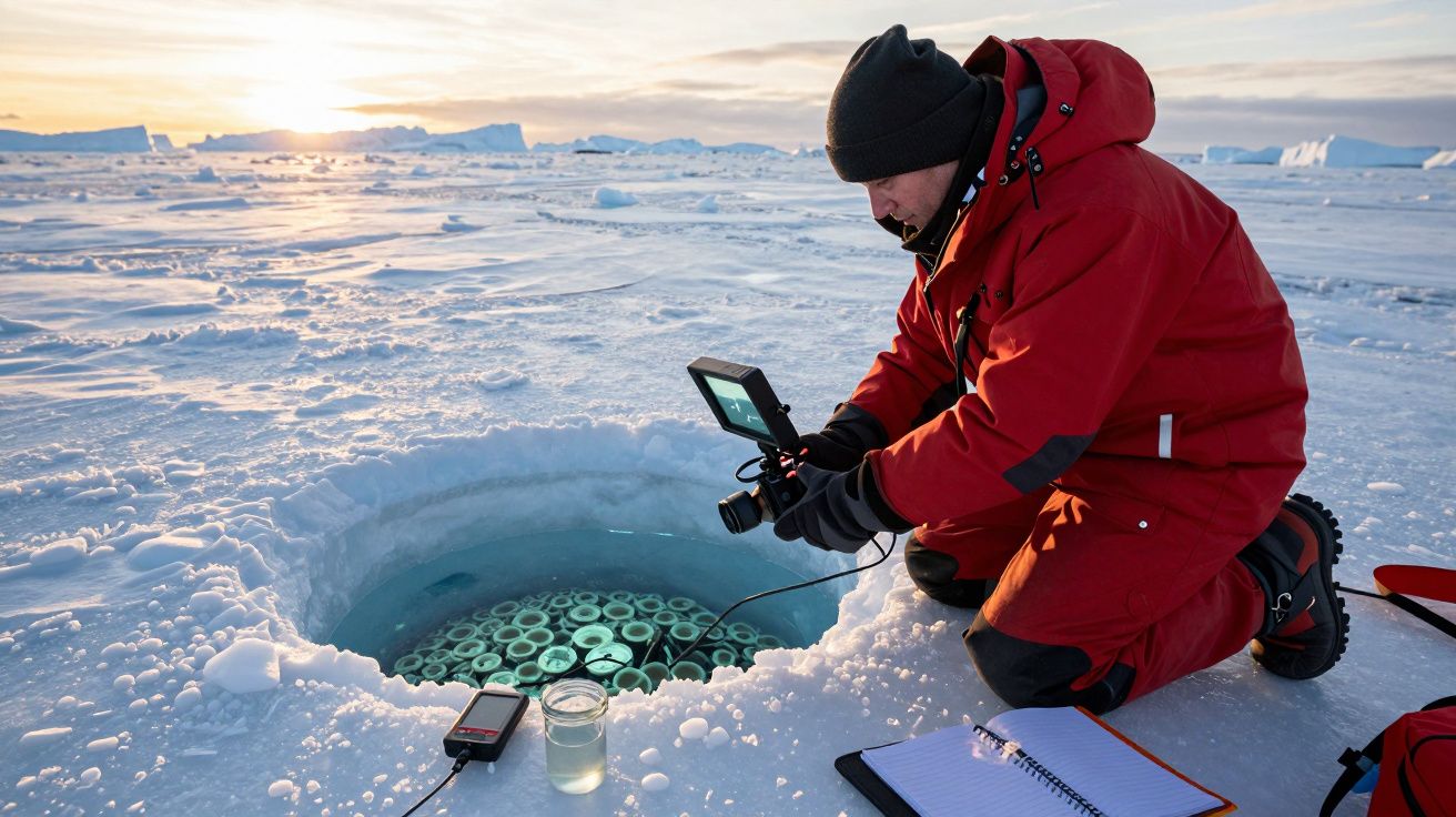 Científico en traje rojo investigando el hielo polar con un dispositivo, al atardecer, rodeado de hielo y equipos científicos