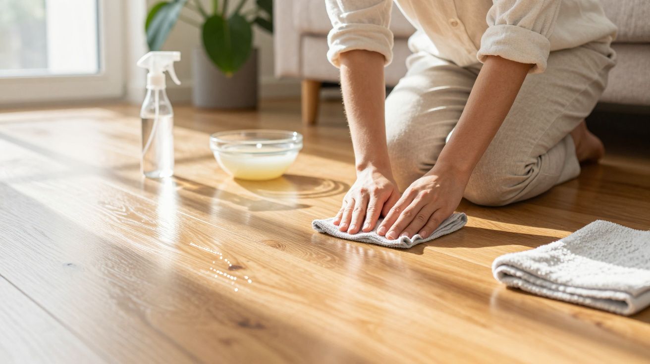 Persona limpiando el suelo de madera con un paño, junto a un cuenco y un pulverizador.