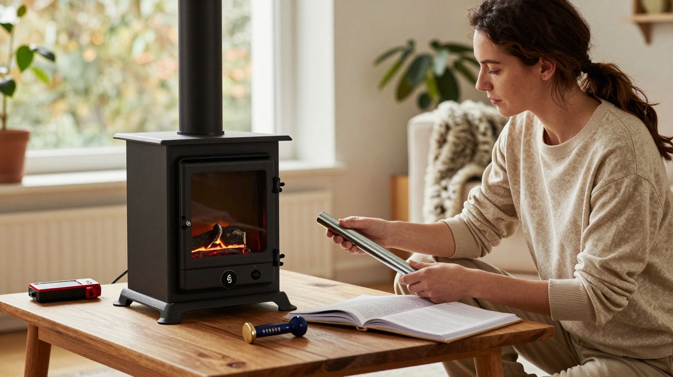 Mujer sentada junto a una estufa de leña, sosteniendo un libro abierto sobre una mesa de madera en una sala acogedora.