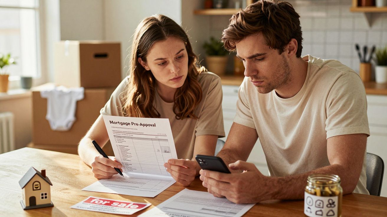 Pareja revisando documentos hipotecarios en una mesa, con una casa en miniatura y un cartel de "se vende".
