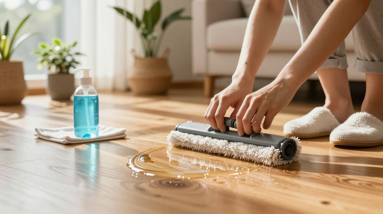 Manos limpiando un charco en el suelo de madera con una fregona esponja. Botella de limpieza al fondo.