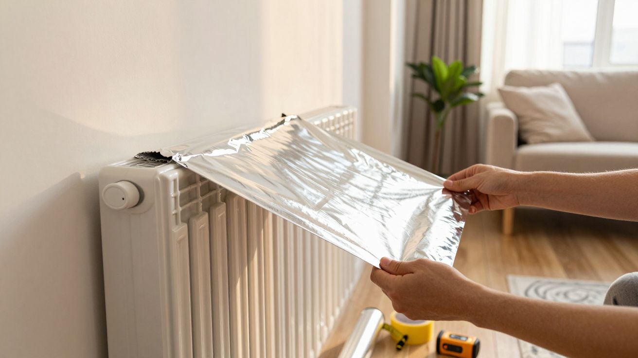 Manos colocando papel de aluminio en un radiador blanco en una sala de estar luminosa.