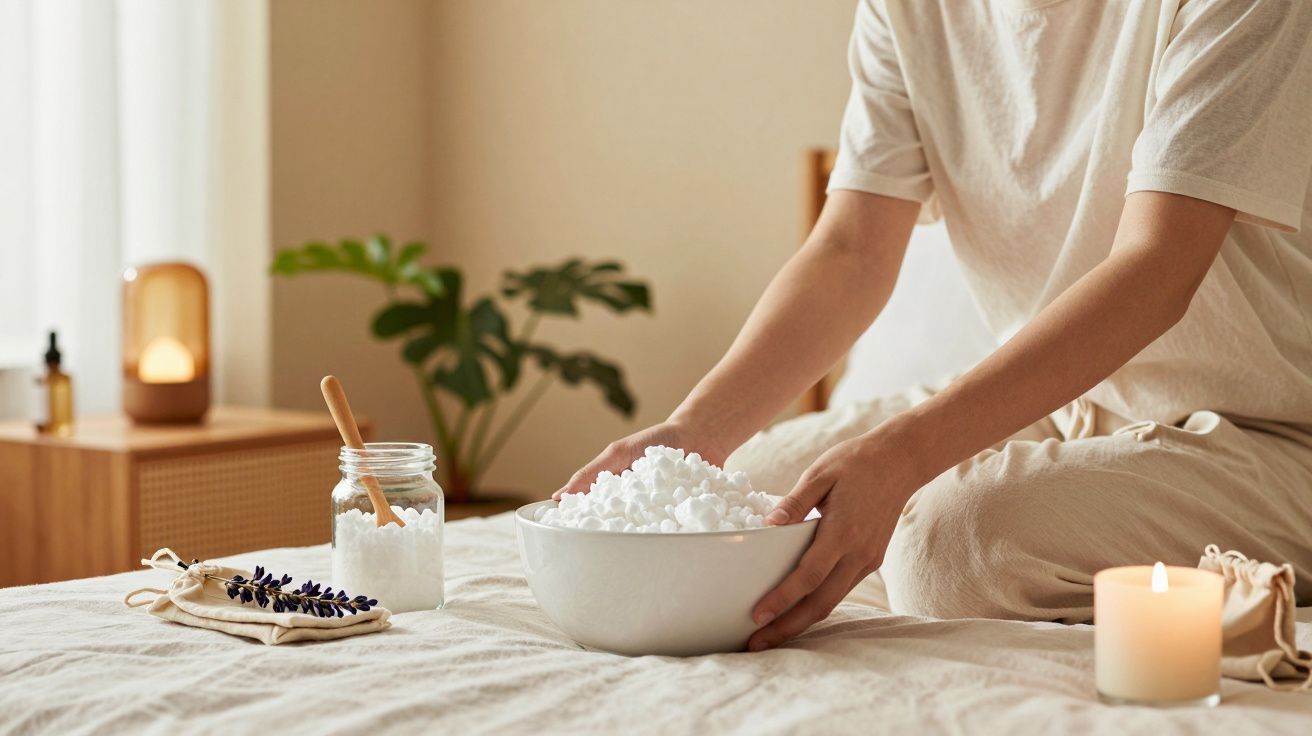 Persona prepara una mezcla con tazón blanco en habitación acogedora. Hay velas, planta y frasco de vidrio sobre cama.