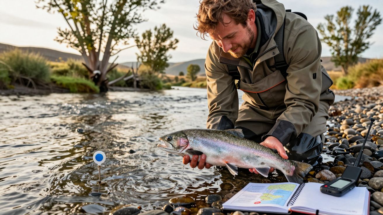 Hombre sonriente en un río sostiene un pez trucha, junto a cuaderno abierto y brújula sobre las piedras.