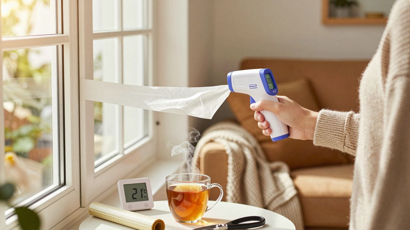 Persona midiendo temperatura de una ventana con termómetro infrarrojo, junto a una mesa con té y termómetro digital.