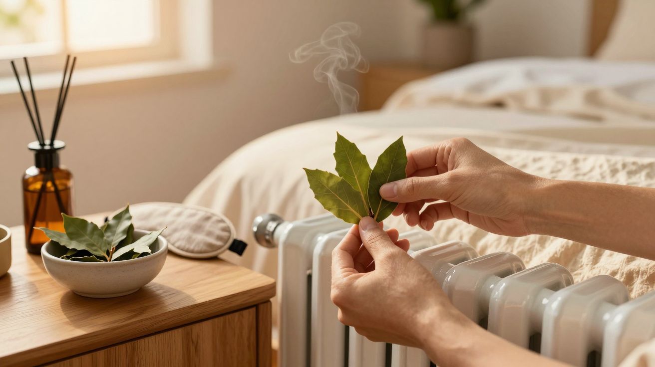 Manos sosteniendo hojas de laurel sobre un radiador en un dormitorio acogedor.