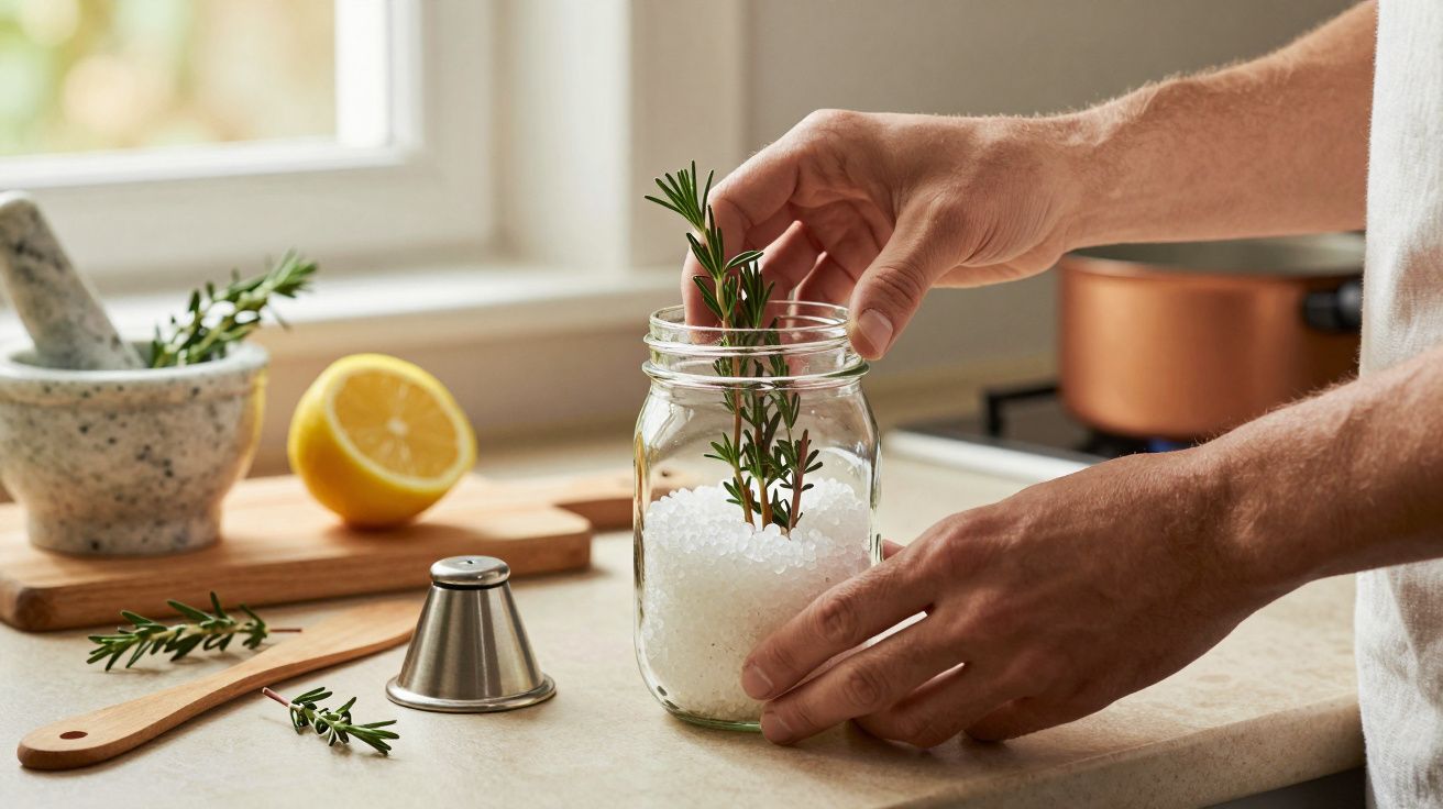 Persona colocando romero fresco en un frasco con sal en la cocina. Hay un mortero y un limón en la mesa.