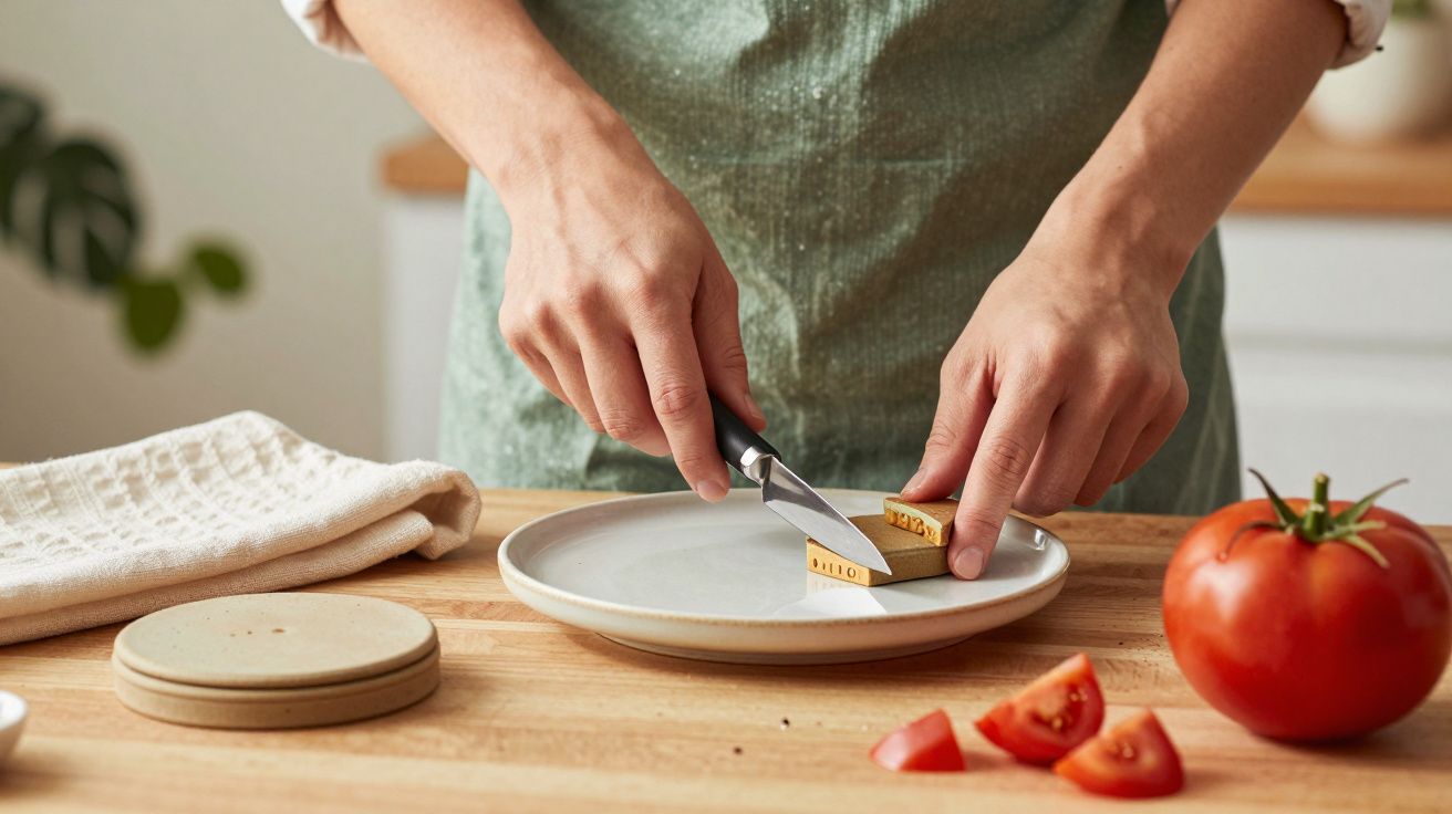 Persona cortando mantequilla en un plato, con un tomate y rodajas en primer plano sobre la encimera.