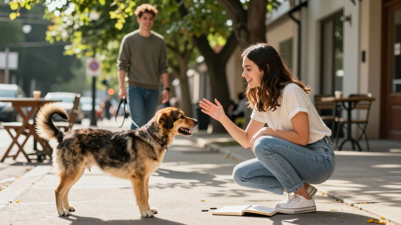 Mujer joven acaricia a un perro en la acera mientras un hombre camina detrás. Árboles y mesas al fondo.