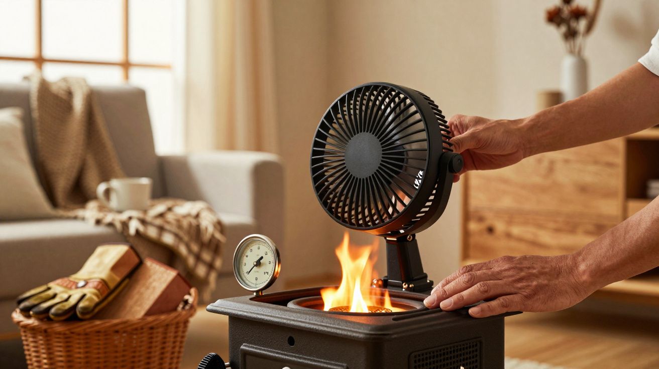 Hombre ajusta un ventilador sobre una estufa encendida en una sala de estar acogedora.