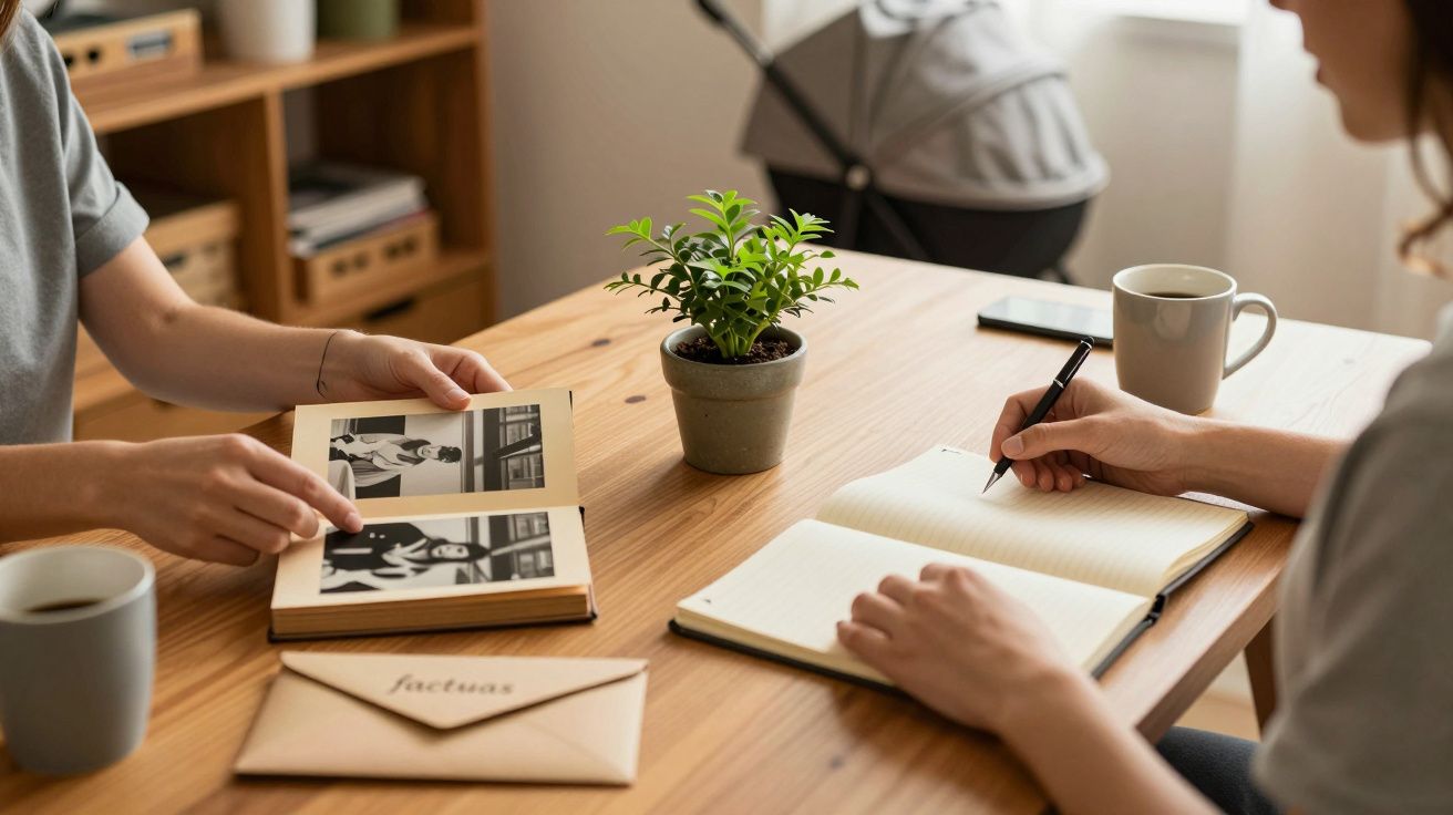 Dos personas revisan un álbum de fotos y toman notas en una libreta sobre una mesa con una planta y tazas de café.