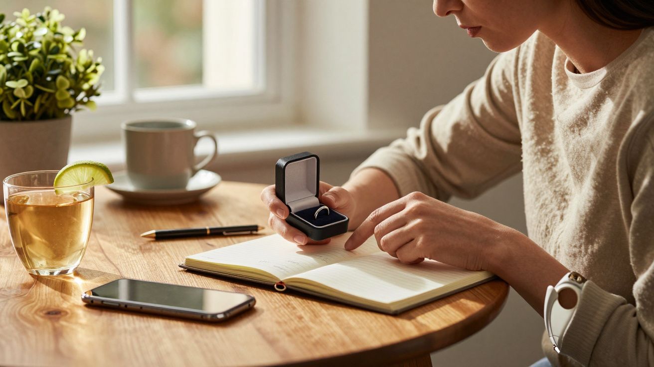 Mujer sentada en una mesa de madera sosteniendo un anillo en una caja, con libreta, bolígrafo, móvil y bebida cercanos.