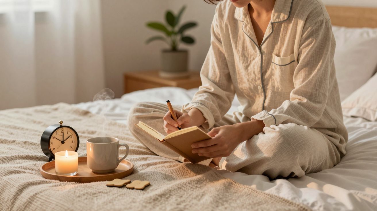 Persona en pijama escribiendo en un diario sobre la cama, con una vela, taza y reloj en una bandeja al lado.