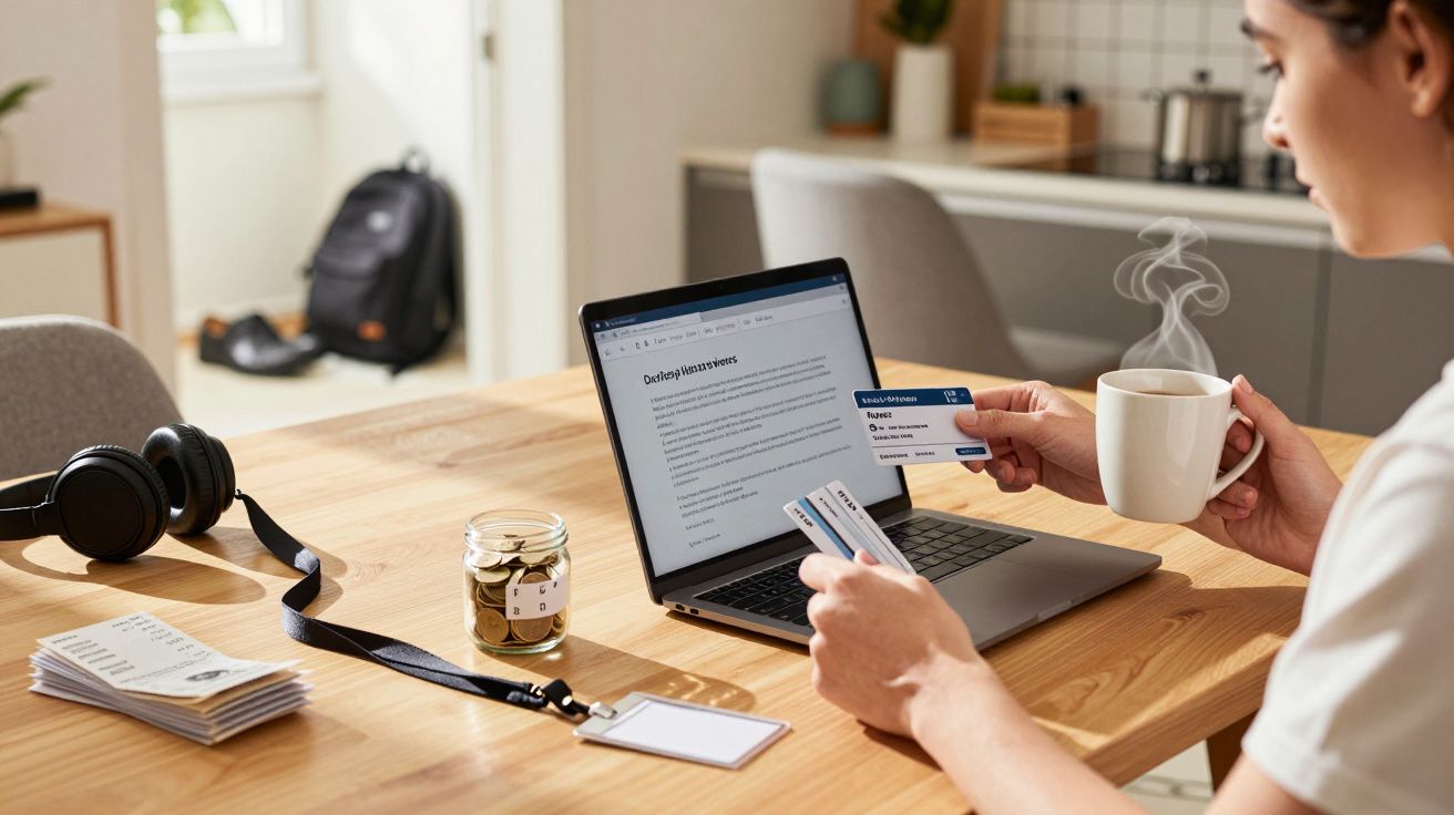 Persona trabajando en un ordenador portátil, sosteniendo una tarjeta y una taza, con auriculares y documentos en la mesa.