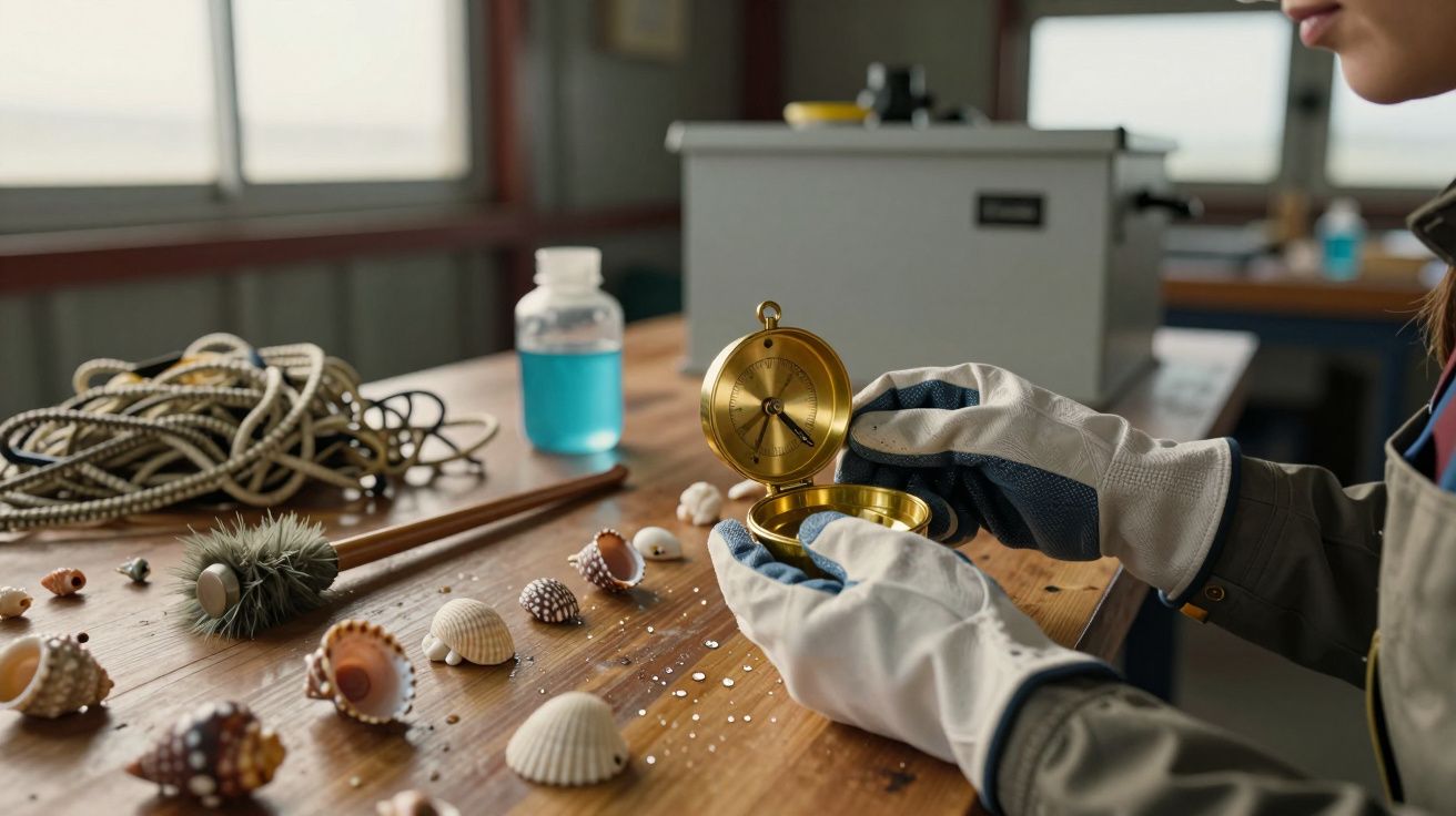 Persona con guantes sujeta una brújula en una mesa con conchas, cuerda y líquido azul en un laboratorio.
