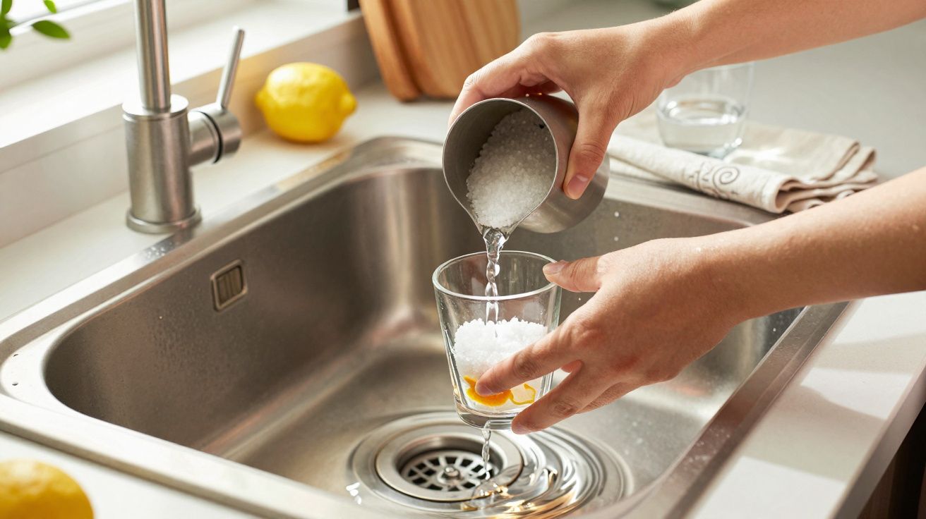 Manos vertiendo sal gruesa en un vaso sobre un fregadero de cocina, con limones de fondo.