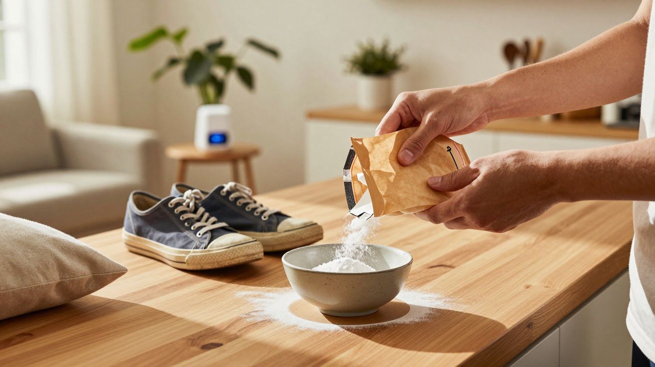 Persona vertiendo polvo blanco en un cuenco sobre una mesa, con zapatillas y planta al fondo.