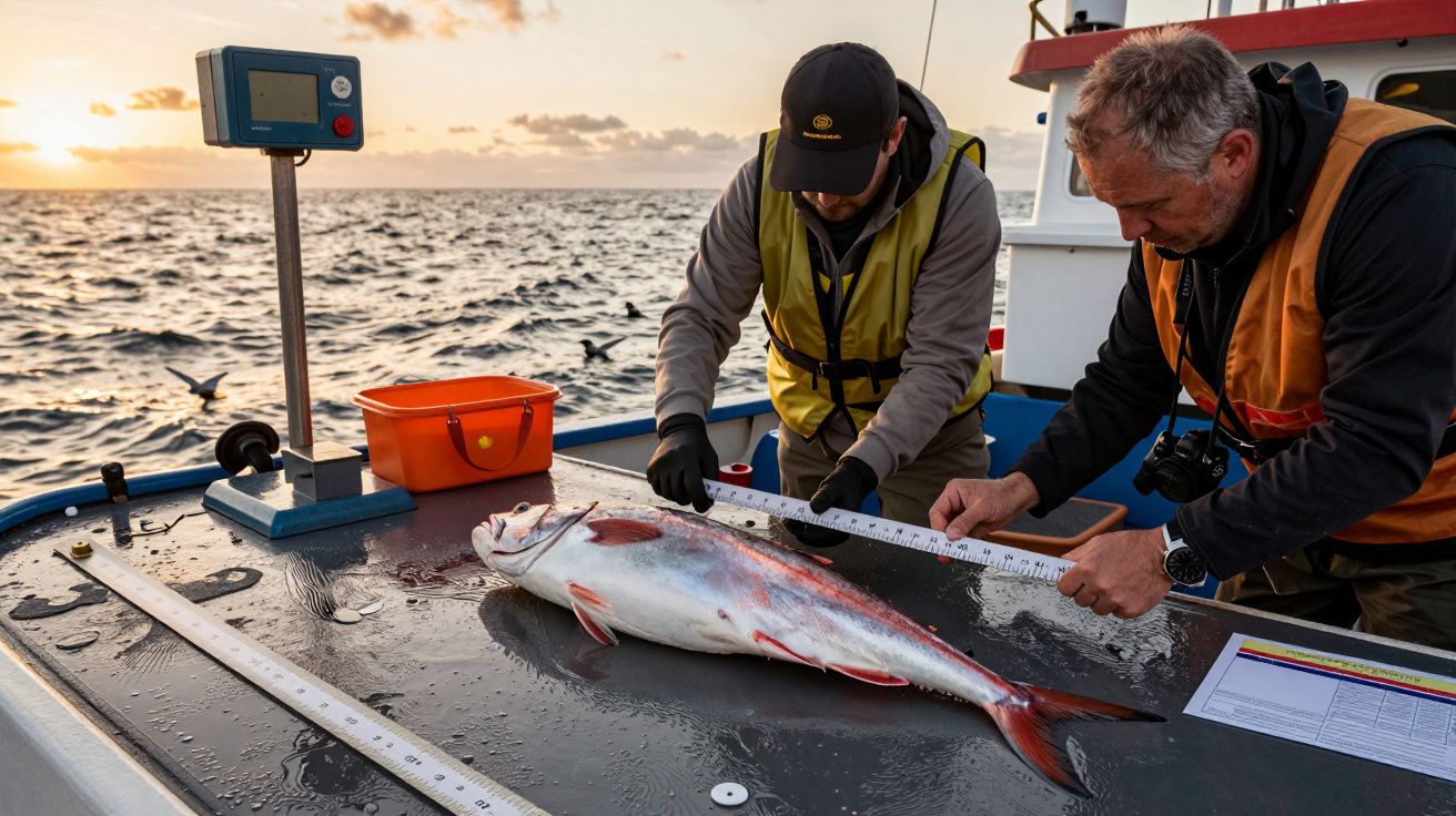 Dos personas miden un pez grande en un barco durante el atardecer, con equipo de medición y una báscula cerca.
