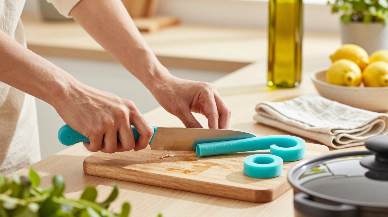 Persona cortando verduras sobre una tabla en la cocina, con cuchillo azul y utensilios de cocina en el fondo.