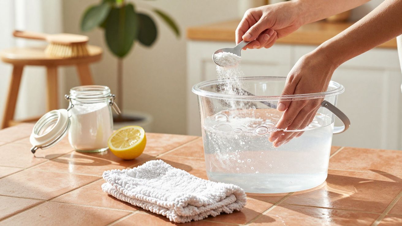 Manos vertiendo polvo en un recipiente de agua en una cocina, con limón y paño en la mesa.